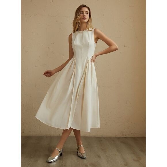 Commense Sleeveless Pockets Pleated Midi Dress  Off-White size S - Picture 1 of 12